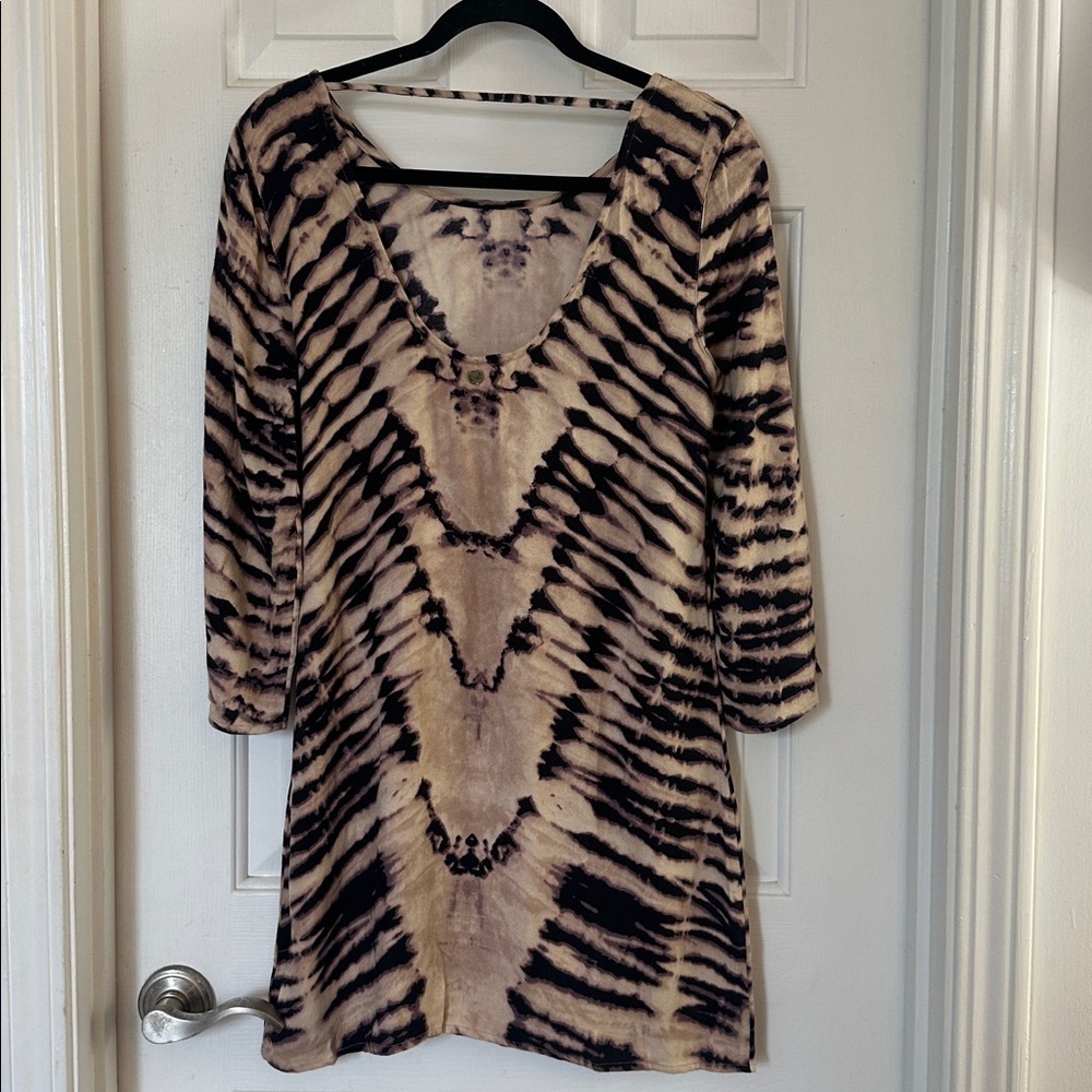 Billabong Gypsy Daze Mini Dress small tie dye long sleeve boho tan black - Picture 4 of 6